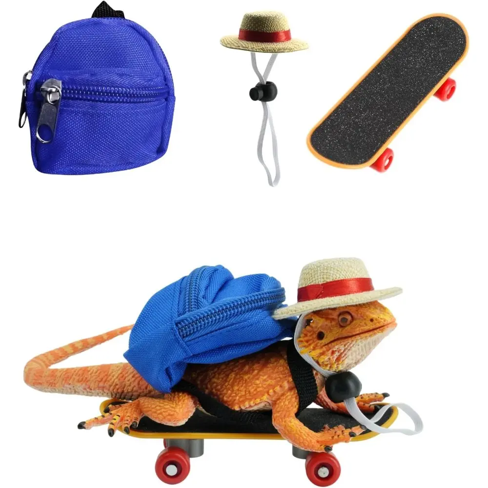 3 Pack Bearded Dragons Accessories, Toy Lizard Backpack, Adjustable Hat, Mini Skateboard, Fits Lizards, Hamsters, Parrots, Turtles, Reptiles, Small Animals
