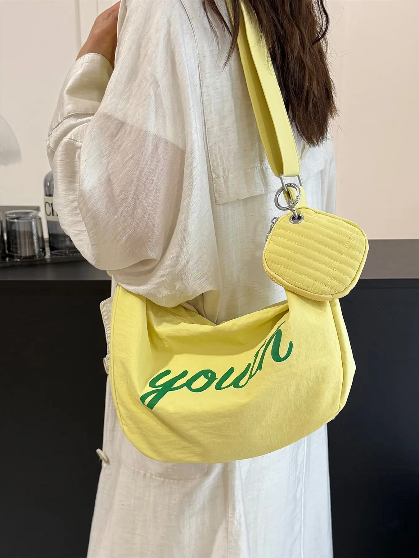 crescent crossbody bag, nylon hobo bag, korean casual shoulder bag, student commute purse, lightweight large capacity sling bag, bag with mini coin pouch