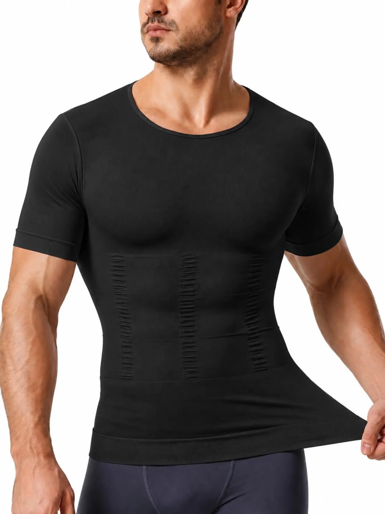 1 Count Men's Short Sleeve Shapewear Tops, Tummy Control Compression Tee, Solid Color Soft Skin Friendly Body Shaper Shirts, Support Comfortable Stretch Fabric Tee, Slimming Shapewear Abdomen Undershir, Suitable For Training Or Sports