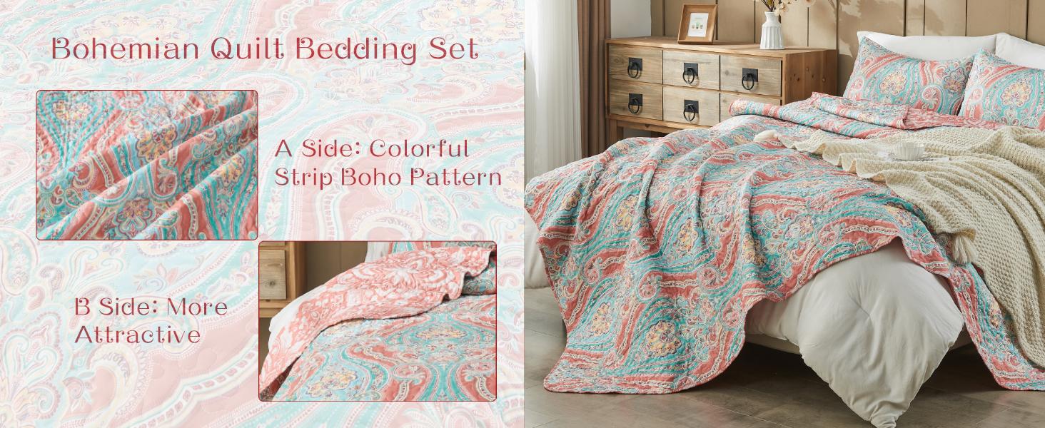Vibrant Boho King Size Reversible Bohemian Striped Bedspread Comforter Microfiber Coverlet Bedding Set with Pillow Shams