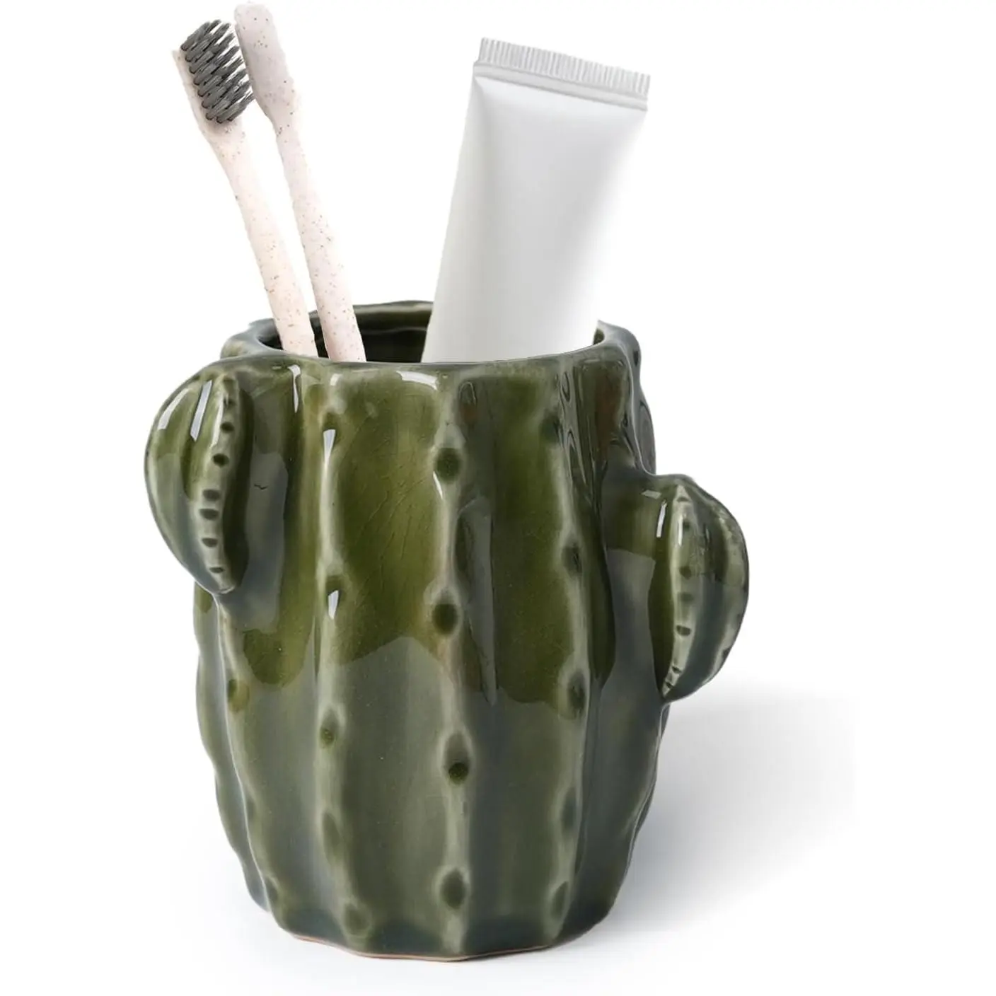 Cactus  Holder for Bathrooms,Ceramic  Holder Cute  Holder Set,for Bathroom Counter and Desk Office Fun Decor Desk Organizer, Makeup Brush Holder - Dark Green