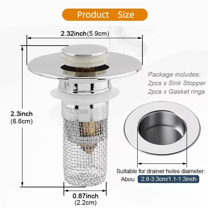 Bathroom Sink Stopper HairCatcher, Universal Pop Up Sink Drain Filter withStainless Steel Filter Basket, Bathroom Sink Drain Strainer Brass Construction Rubber Shower