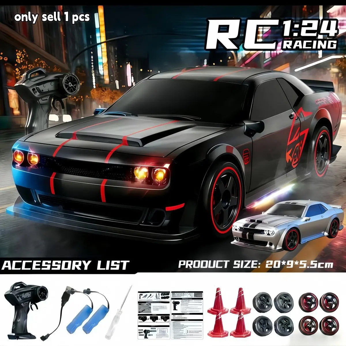 1:24 RC Car Toy, Four-Wheel Drift Racing Model with LED Lights, Indoor Outdoor Play, Perfect Birthday Gift for Boys, Requires 2 Aa Batteries