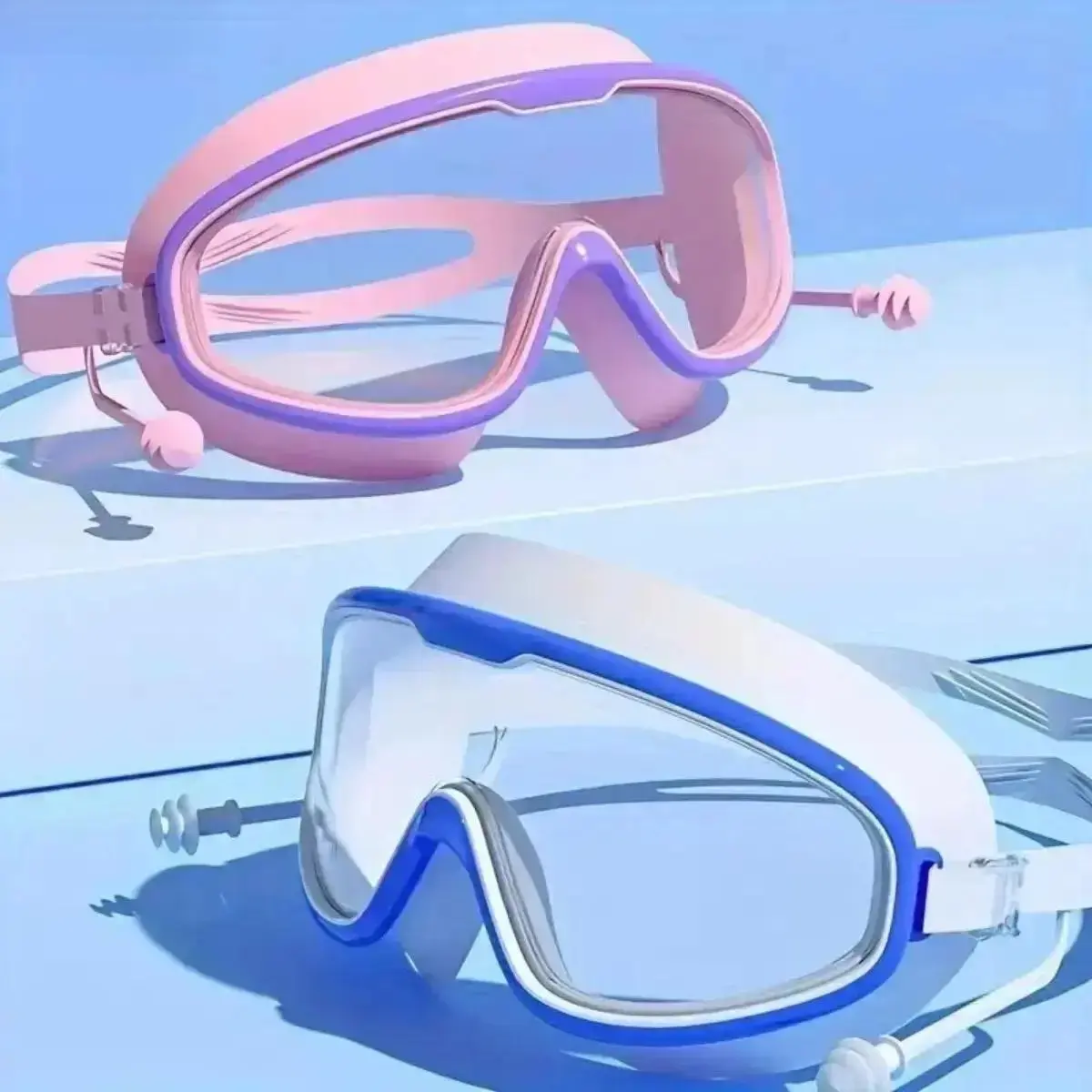 Ergonomic Large Frame Anti-Fog Swim Goggles with Earplugs, UV Protection Leakproof Soft Eyewear for Teens Adults 14+, Pool Training, Beach & Water Sports