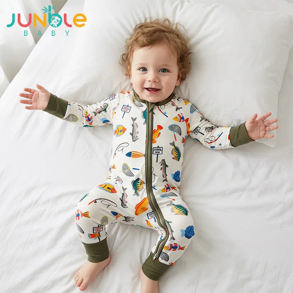 Junblebaby Bamboo Romper Baby Clothes Bamboo Onesies With 2-Way Zipper Long Sleeve Romper Baby  Foldable Foot Covers Sleepers 6-24M Fish Cartoon Print