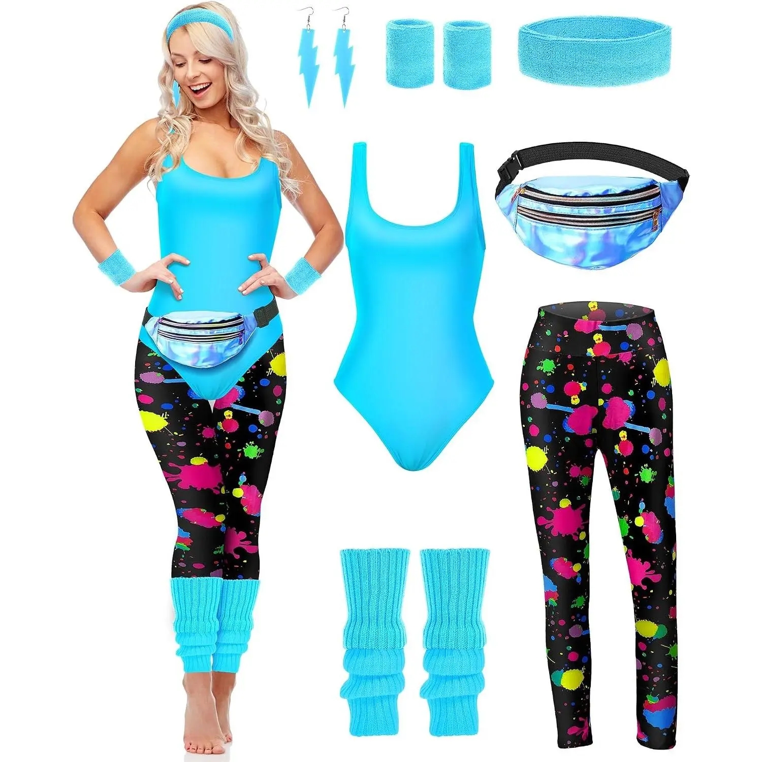 7 Pcs Halloween Women 80s Workout Costume for Cosplay Party, Retro Aerobics Outfit Set with Leotard, Leggings, Leg Warmers, Headband, Wristbands, Earrings and Fanny Pack, Soft Stretchy Disco Dress Up(Gift)