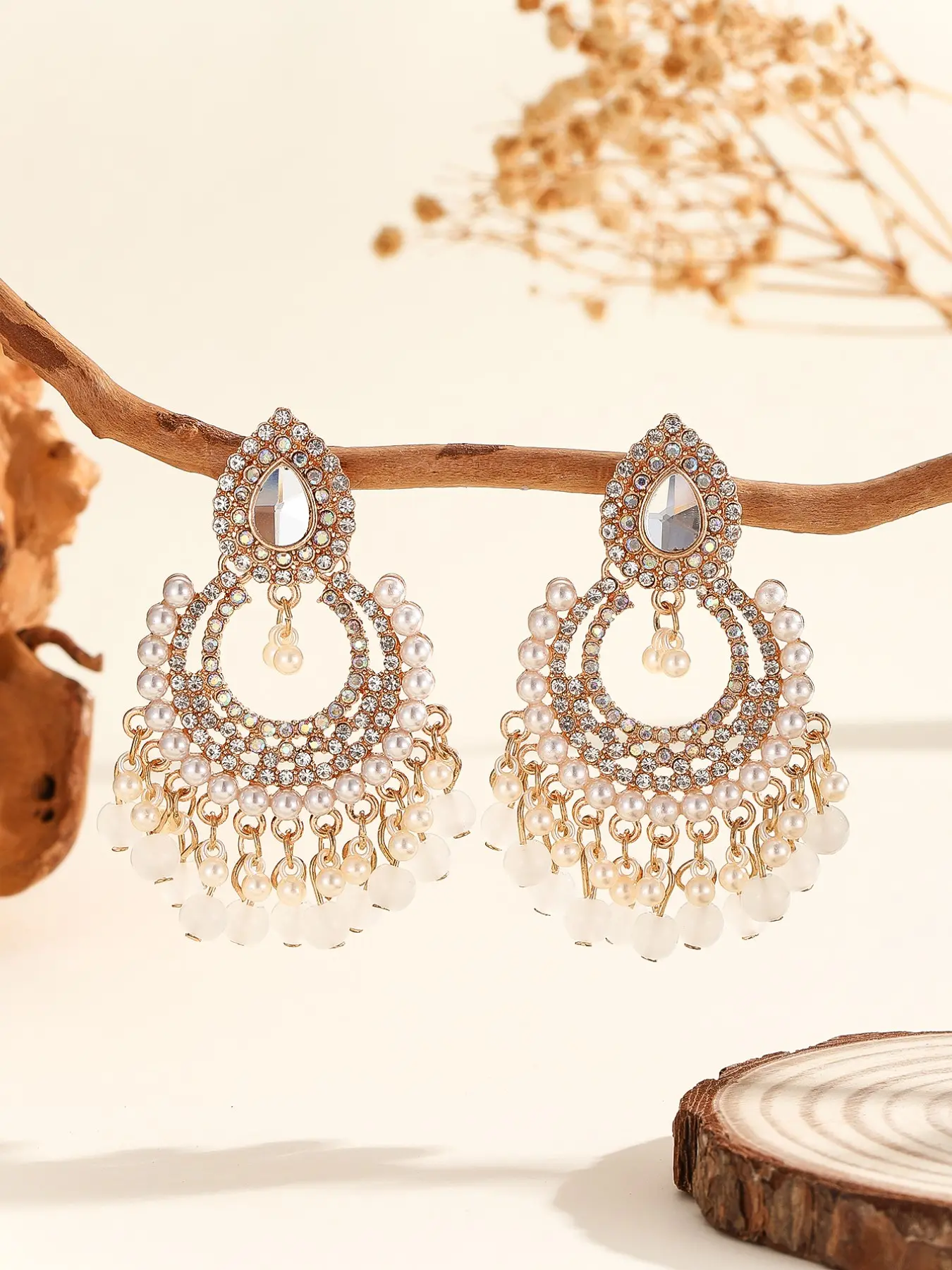 Elegant Chand Bali Water Drop Earrings Jewelry, Rhinestone Embellished Jhumkas, Pearl & Jade Bead Dangle Earrings for Women, Girls, Parties, Weddings