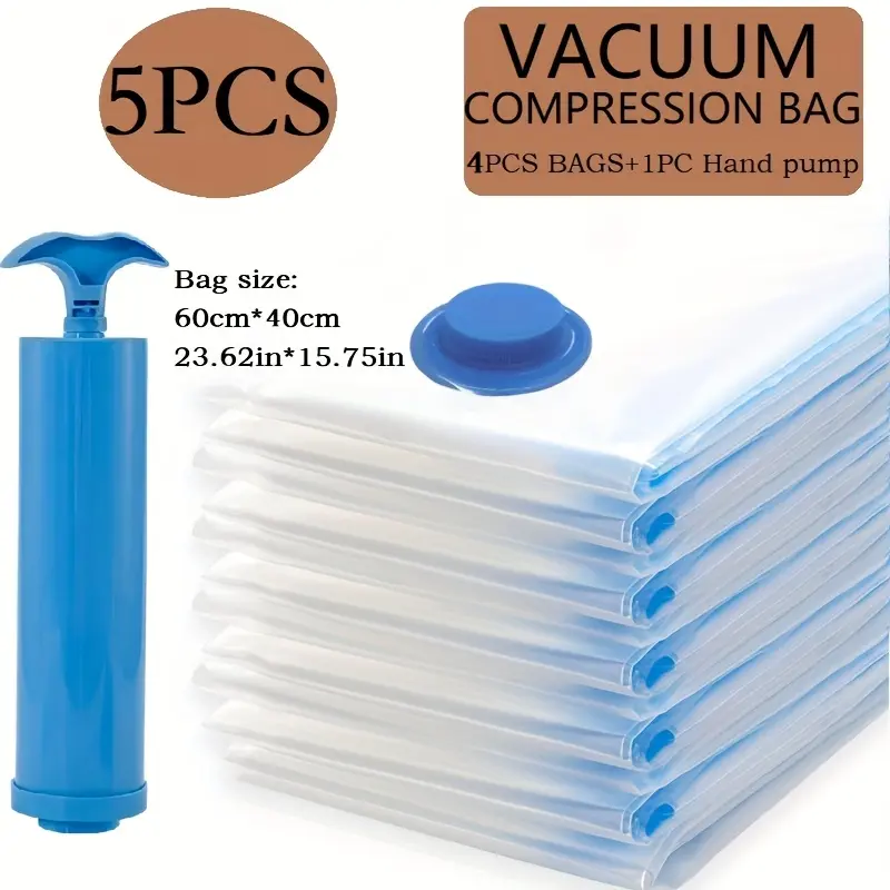 5-piece set of extra-large vacuum storage bags (40x60 cm with 1 manual pump) - space-saving, airtight compression, dust and moisture resistant, ideal for clothing and bedding, dorm rooms, wardrobes, and moving