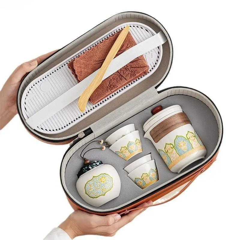 Traditional Chinese Kung Fu Tea Set with Handle, Portable Lightweight Travel Quick-Cup Gift Box Set, Reusable Tea Ware for Home Brewing & Outdoor Gatherings