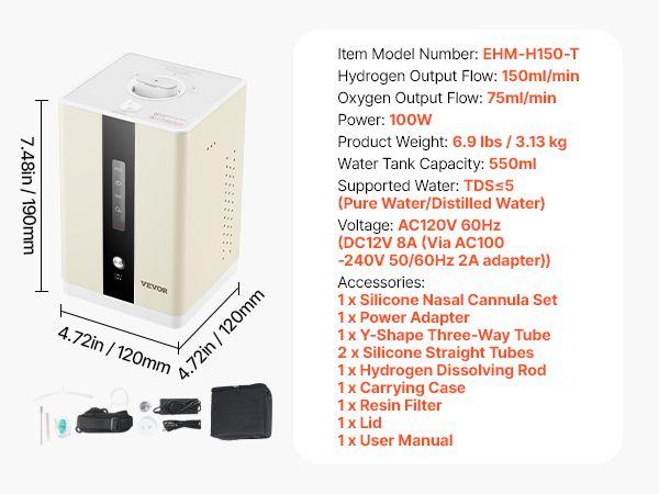 VEVOR Hydrogen Inhalation Machine, 99.99% High Purity Hydrogen Inhaler, HO-Separated 225ml/min (150 H+75 O) Dual Port Hydrogen Oxygen Inhaler, Hydrogen-Rich Water Generator for Home Travel