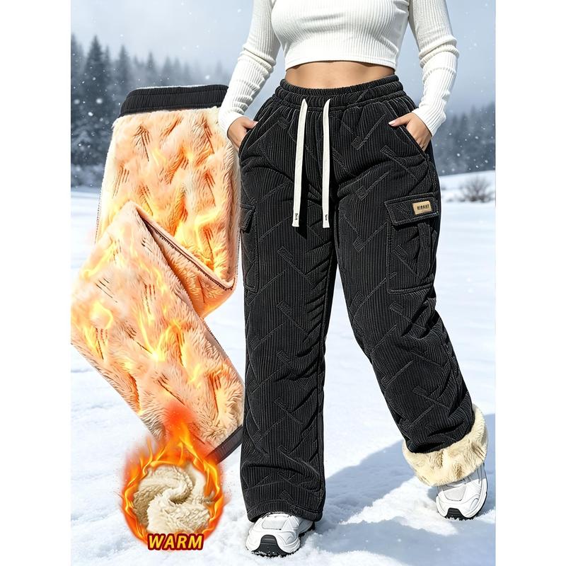 Women's Fleece-Lined Corduroy Wide Leg Cargo Pants, Drawstring Elastic Waist, Multiple Utility Pockets, Warm Cozy Streetwear Trousers for Indoor & Daily Winter Wear