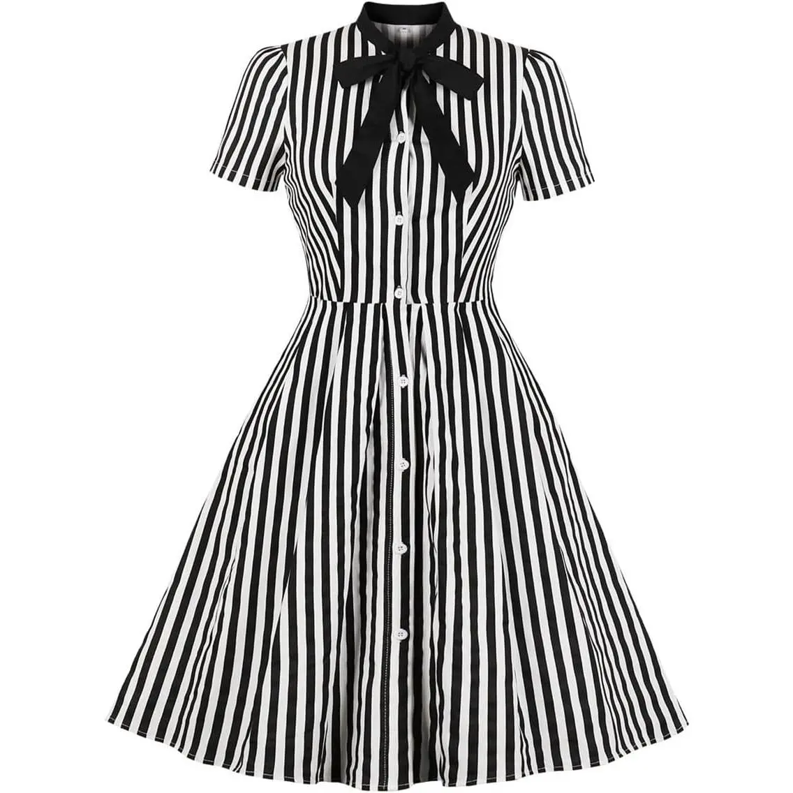 Women's 1950s Vertical Striped Rockabilly Dress, Vintage Button & Tie Design, High Waist Mock Neck Cupro Fabric Clothes, Machine Washable Halloween Cosplay Outfits