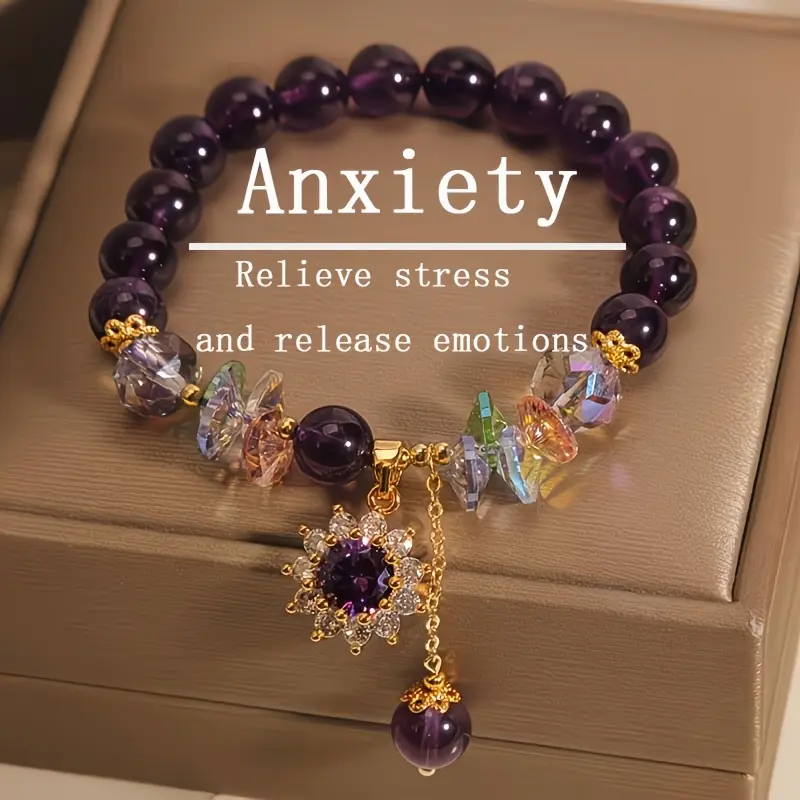 Healing crystal/purple natural bracelet, adorned with sunflower decoration - fashionable jewelry in purple and gold tones