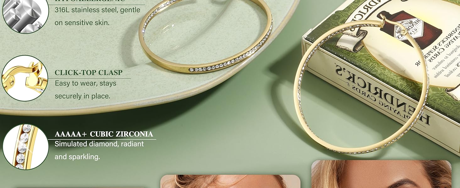 CASSIECA Hoop Earrings for Women Girls Hypoallergenic 316L Stainless Steel 40/50/60mm Large Hoops Sparkly Cubic Zirconia Simulated Diamond Hoop Earrings Gold/Rose Gold/Silver Hoops Earrings for Women