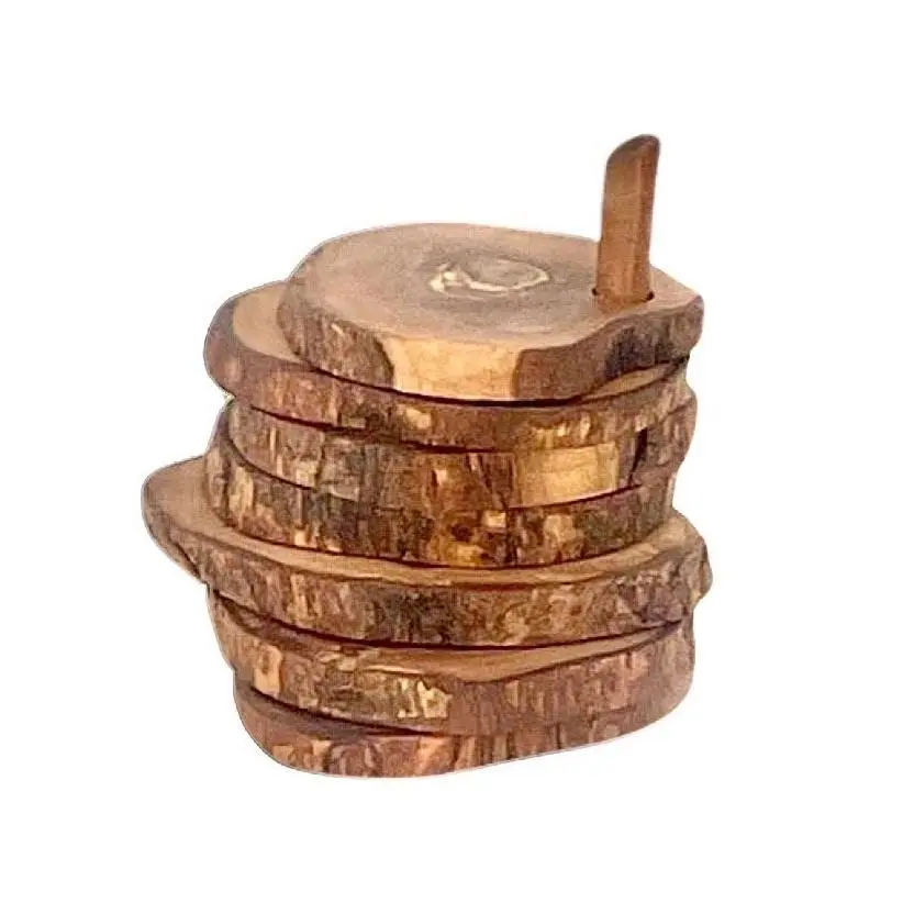 Choixe 7-Piece Hand-Carved Olive Wood Coaster Set with Holder, Heat-Resistant Classic Traditional Coasters for Coffee, Tea Mugs, Wooden Table Protection, Home Decor Tabletop Accessories, Round
