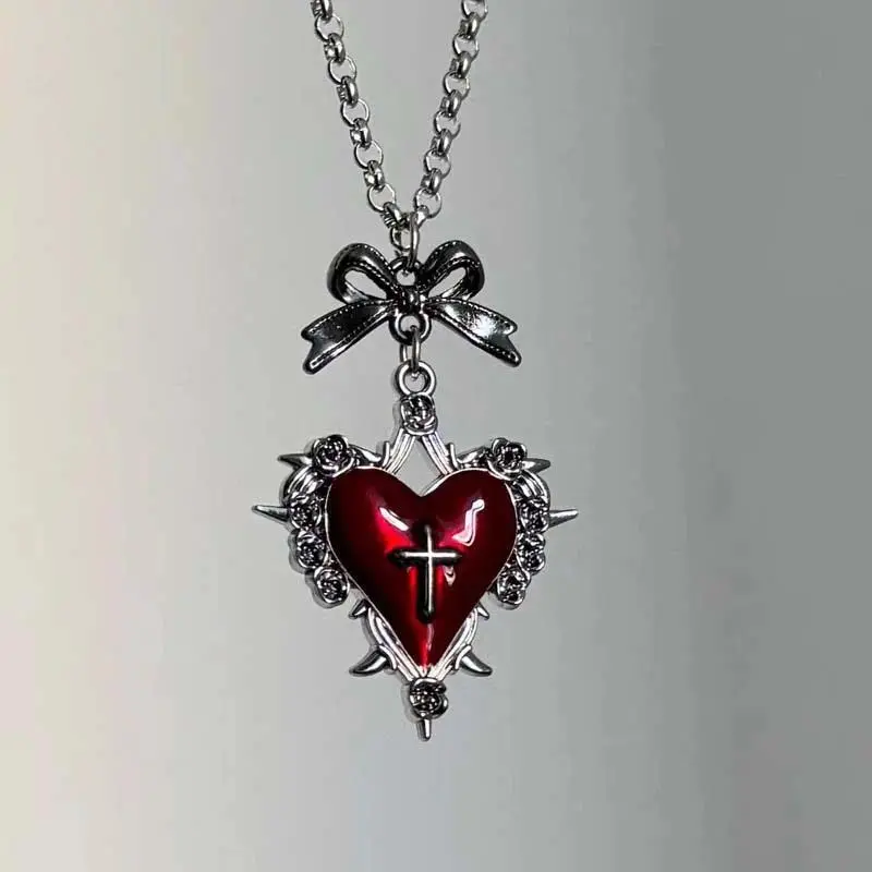 Y2K Bow Heart Pendant Necklace for Women Girls Gothic Red Drip Oil Thorn Cross Choker Necklaces Party Jewelry Accessories