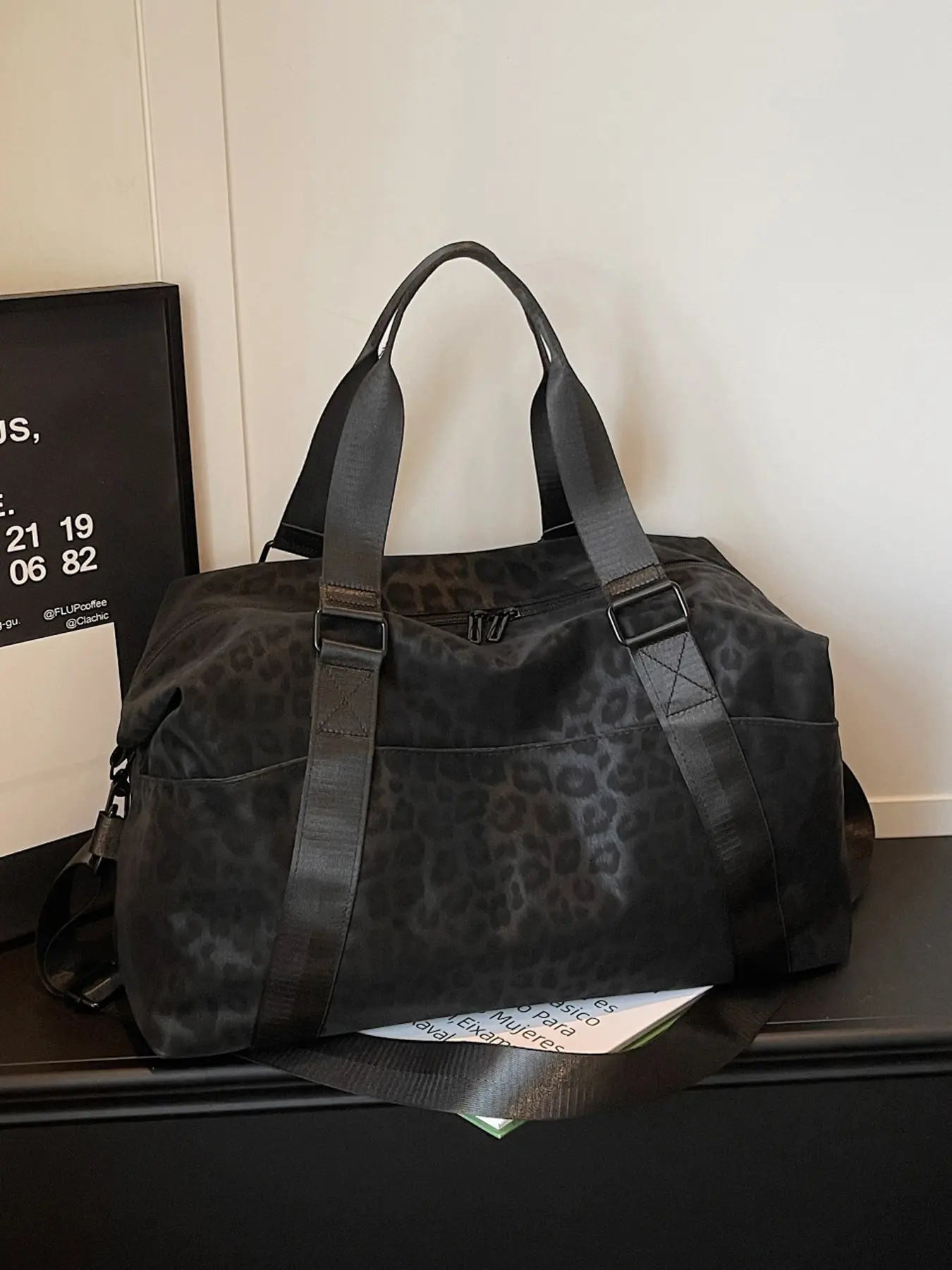 Lao Qianfeng Khaki Leopard Print Short Trip Bag Waterproof Nylon Lightweight Large Capacity Travel Luggage Bag Trolley-Compatible Commuter Gym Backpack for Students New Back-to-School Style