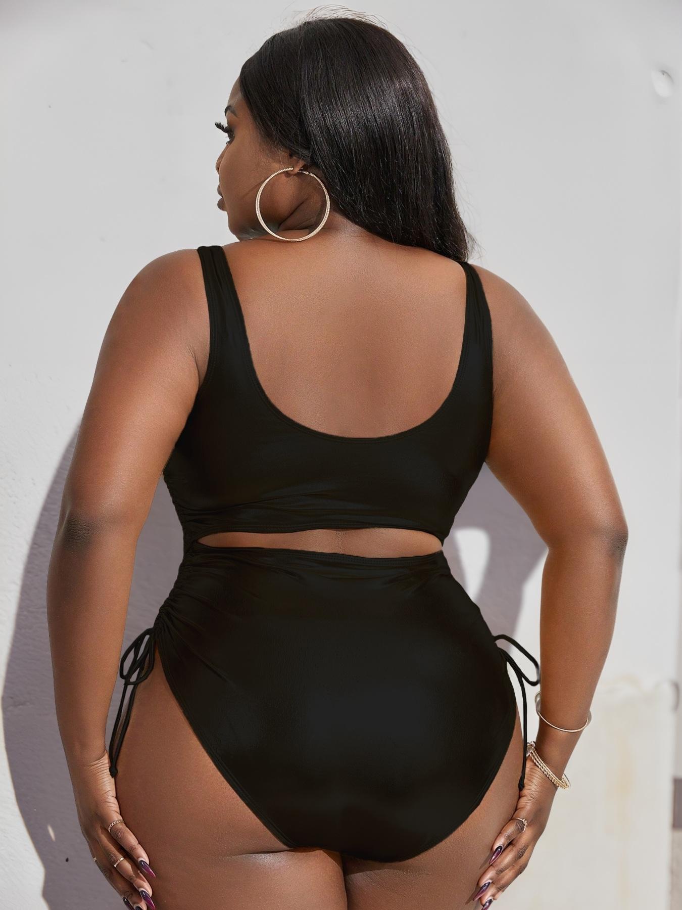 Plus Size Solid Cut Out One-pieces, Casual Sleeveless Backless Swim One-pieces for Beach Holiday Vacation, Women's Swimwear, Cutout Swim Suit, Swimsuit for Beach, Swimsuit Bodysuit