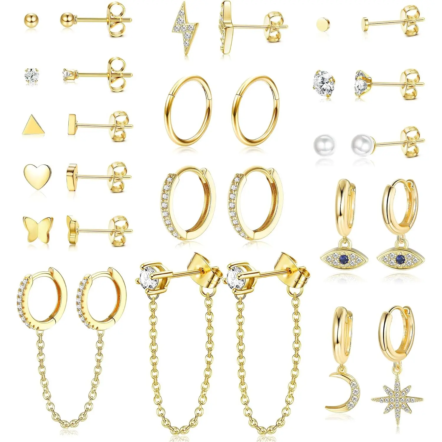 29 Pcs Dangle Hoop Earrings Set for Women, Hypoallergenic Stainless Steel, Evil Eye Star Moon Hanging Drop Earrings, Mini Pearl Zircon Stud Earrings, Gold & Silver Tone Fashion Jewelry