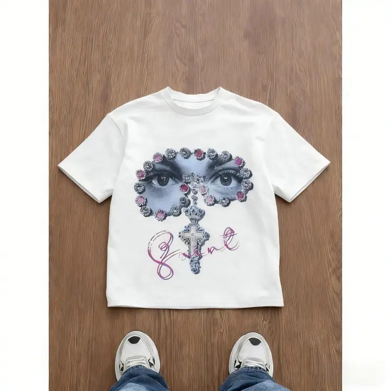 Men's Loose Fit Graphic Print T-Shirt, Y2K Style, Gem Embellished Eye Cross Pattern, All-Season Casual Wear, Unisex Street Fashion Streetwear