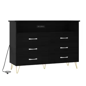 Dresser for Bedroom with LED Lights – 6 Drawer Dressers with Charging Station, Wood Storage Chest for Entryway