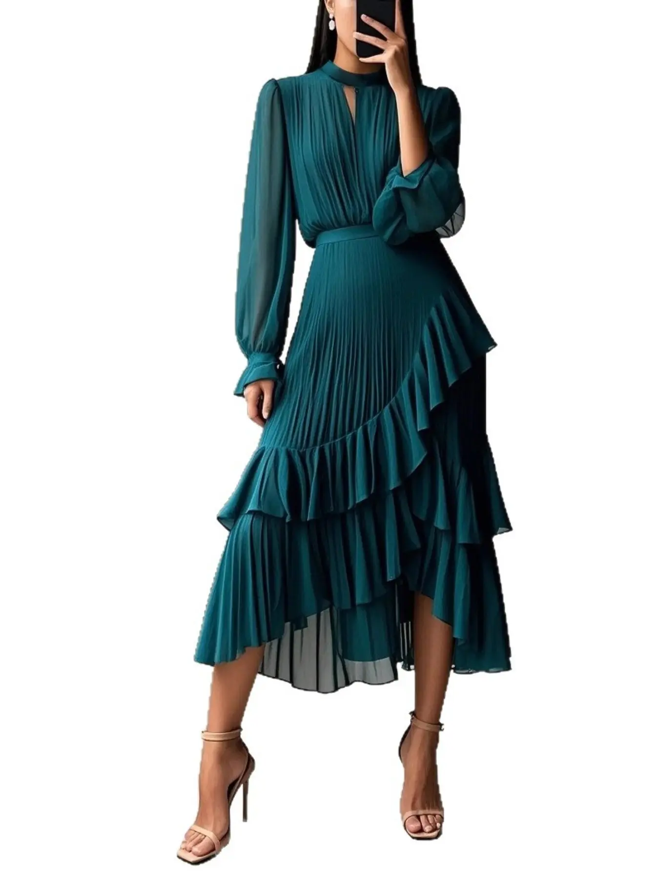 2026 Design Solid-Colored Long Sleeve Dress, Lace Ruffles, Pleated Skirt, Fitted Waist, Slimming Silhouette, Stylish Mid-Length Gown