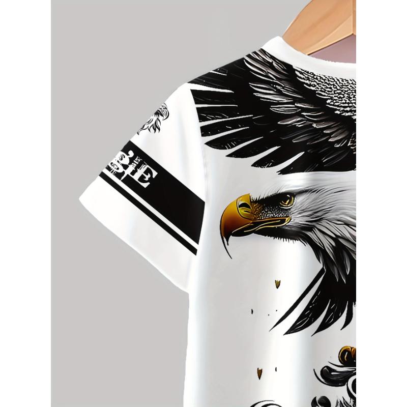 Boys' summer short-sleeve T-shirt and shorts two-piece set, cool eagle print, comfortable and breathable fabric, sporty casual wear, outdoor fashion outfit