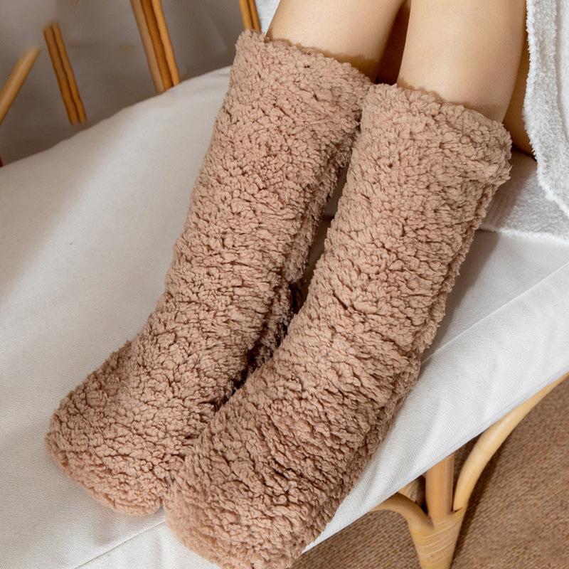 1pair Thickened Winter Woven Thermal Cashmere Floor Socks Solid Color Velvet Carpet Sleep Socks Anti Slip Floor Slipper Sock