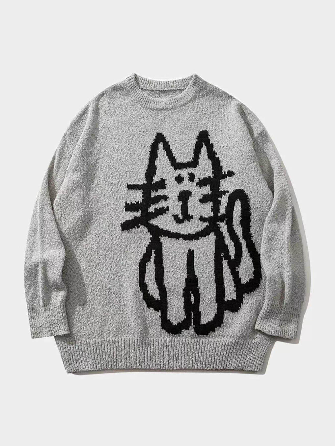 Autumn Winter New Cartoon Cat Pattern Long Sleeve Sweater Women's Small Design Retro Loose Knitted Shirt Lazy Style Round Neck Top