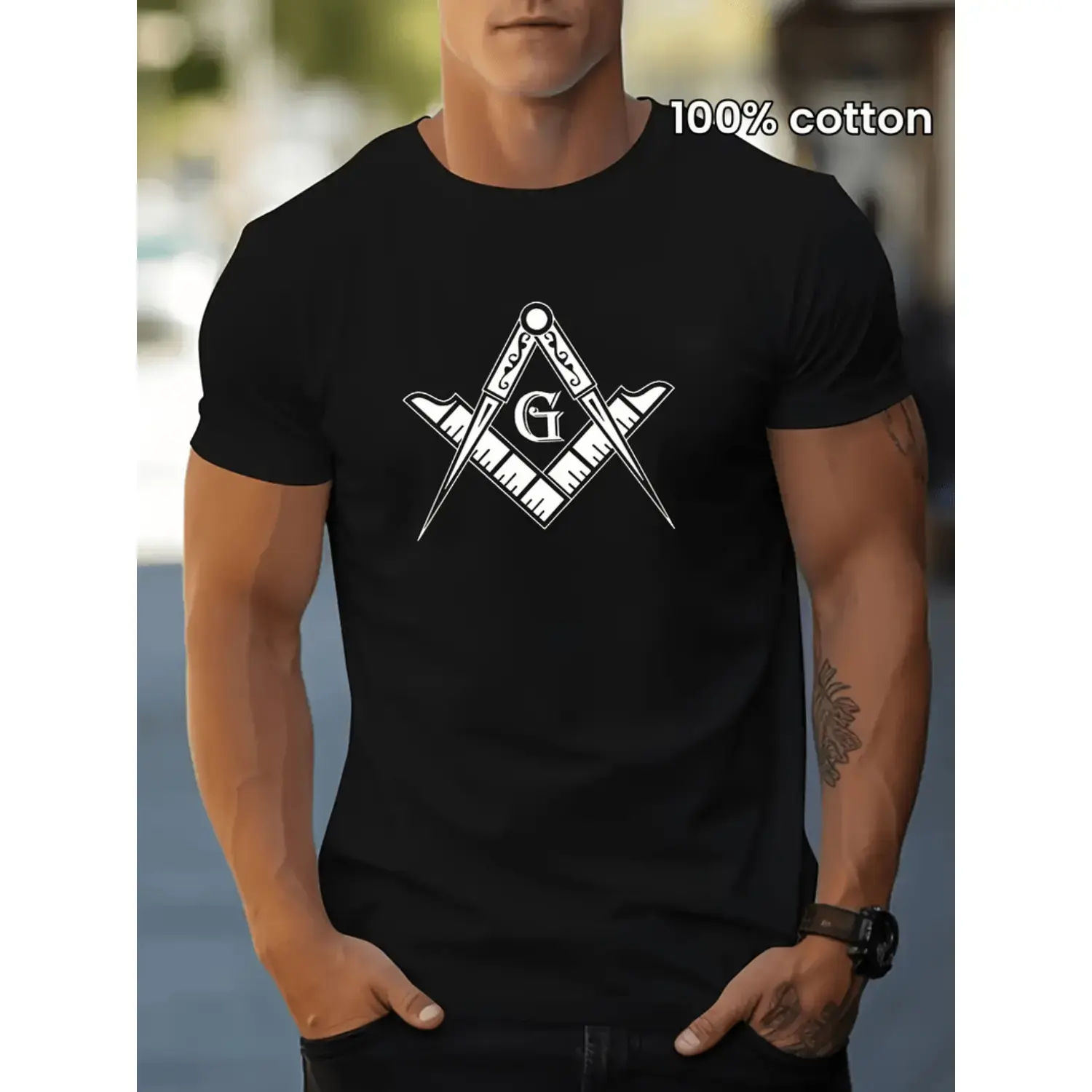 Mens 100% Cotton Masonic Square And Compasses Graphic T-Shirt, Crew Neck Short Sleeve Casual Streetwear Top For Spring Summer