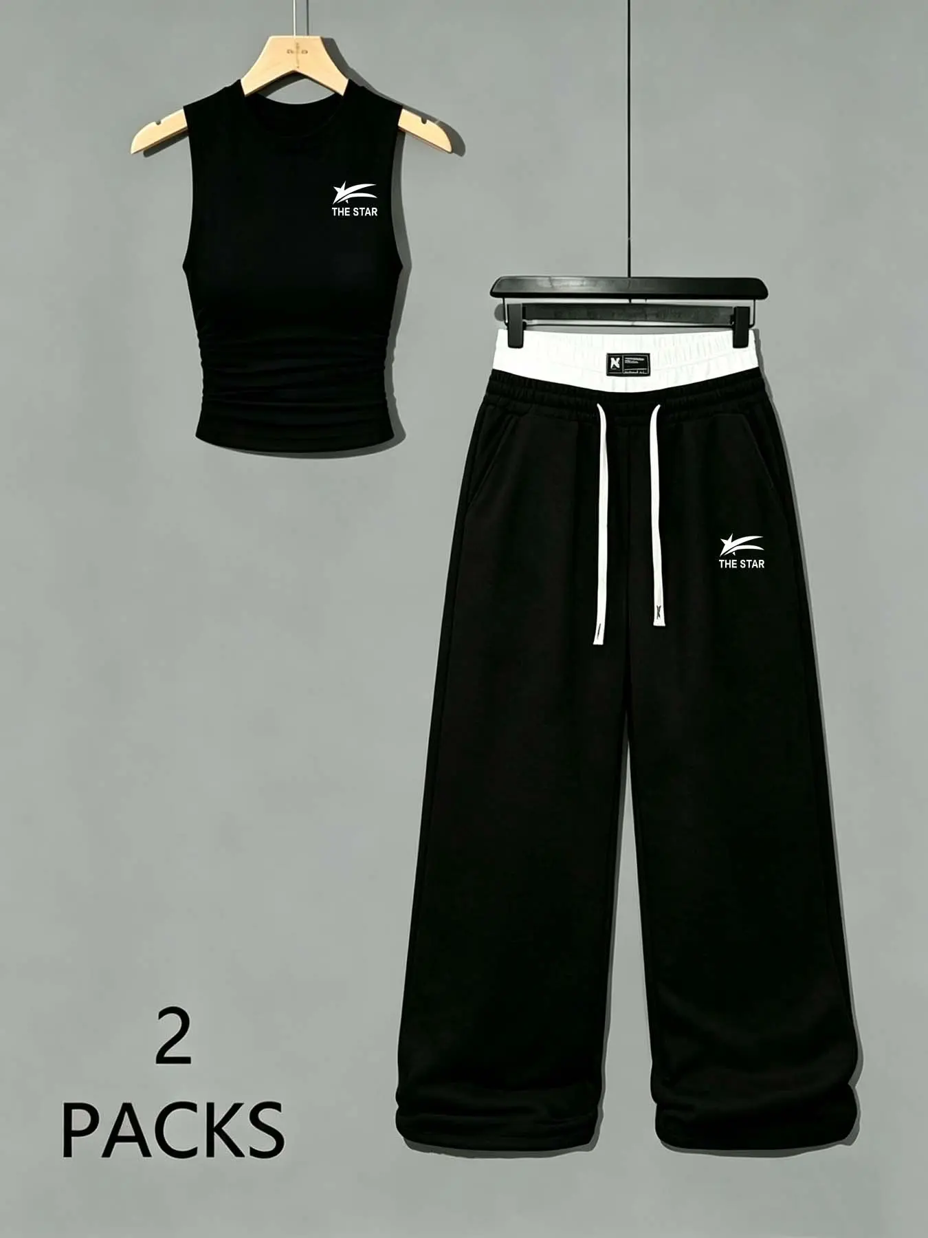 Women Y2K Sport 2 Piece, Ruched Crop Tank Top, Star Graphic, Double Layer Waist, Wide Leg Sweatpants, Casual Loungewear Set, Letter Print Tracksuit, Letter Print Sweatsuit