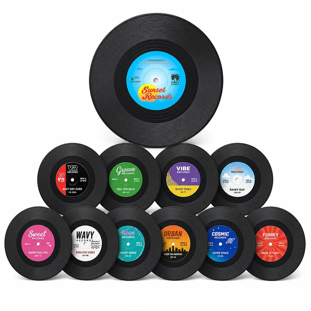 Set of 6/12 Vinyl Record Style Cup Mats, Vintage Round Table Drink Pads, Multiple Center Label Designs, Home Office Bar Decor