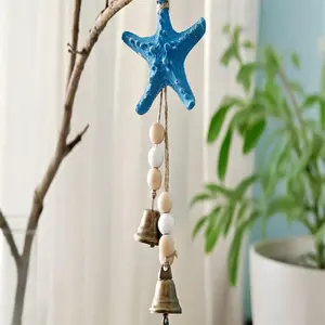 Coastal Resin Starfish Wind Chime with Bells, Nautical Beach Decor, Blue Starfish, Wooden Beads, Rustic Metal Bells, Ocean Themed Ornament