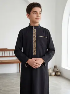 Muslim Boy Traditional Thobe Gold Embroidered Stand Collar Button Design, Side Pockets, Ages 8-12, Daily Wear, Formal, Ramadan, Eid