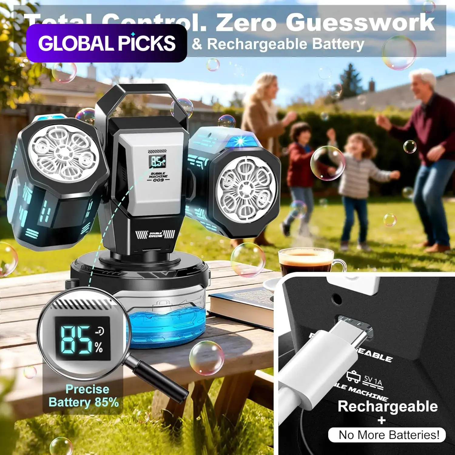 Automatic Dual Rechargeable Bubble Machine, Remote Charging, RGB Atmosphere Light, 360° Rotating, Includes 50ML Concentrate, Wedding Party Outdoor Use