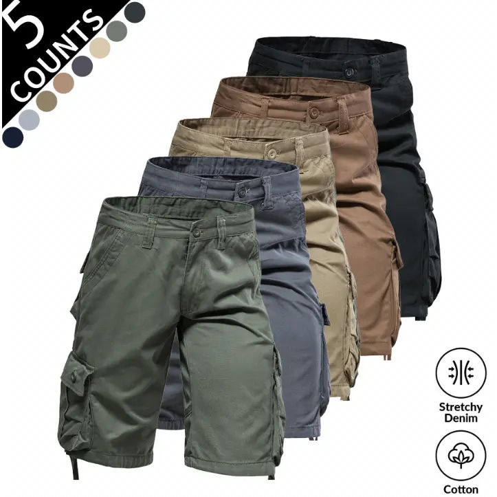 Men's 2026 Summer 5PCS Casual Plain Baggy Cargo Pants - Quick-Dry Cooling Breathable Fabric, Button-Zip Closure, Large Side Pockets, Loose-Fit, Knee-Length, Ideal for Camping&Hiking | Menswear Bottoms