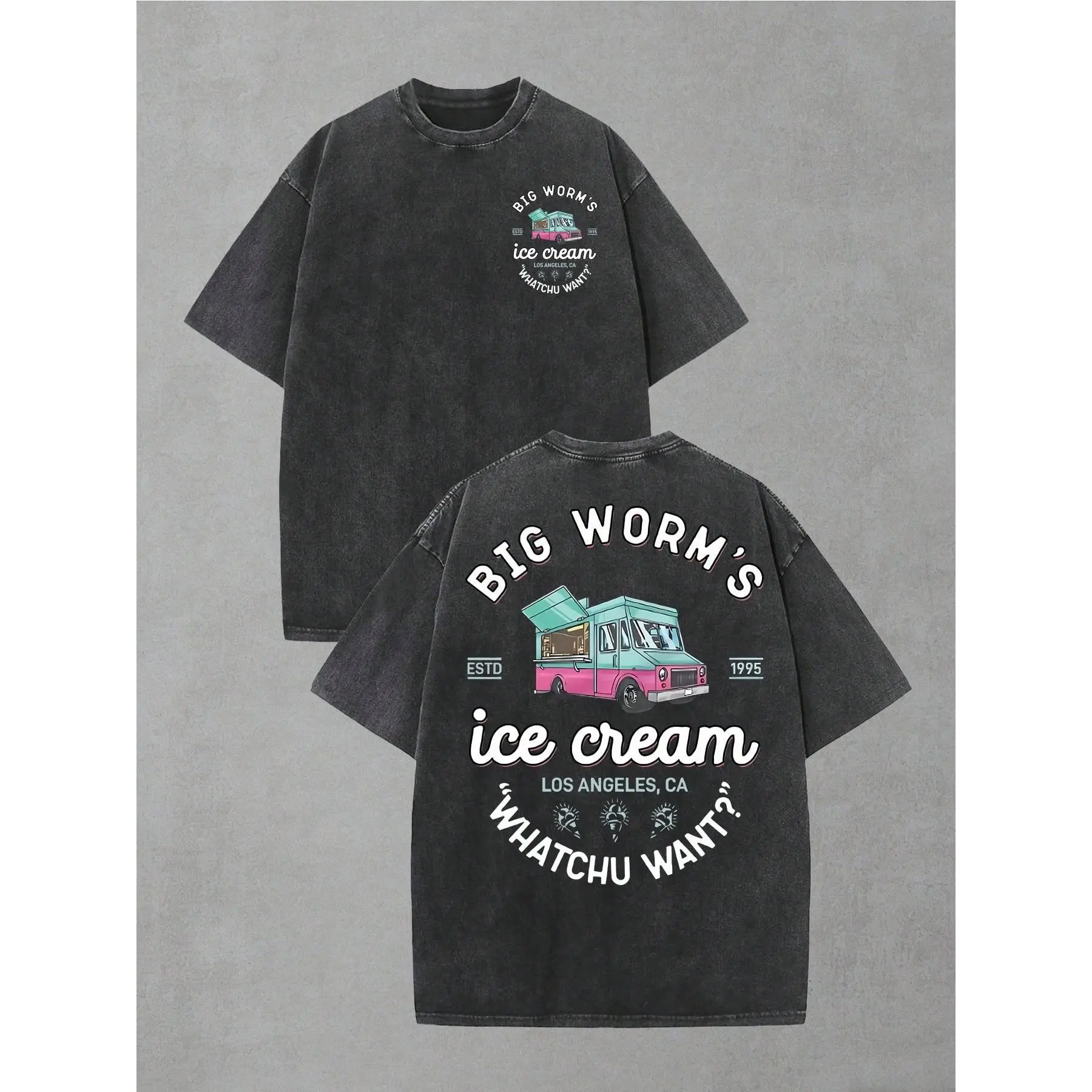 Big Worm Ice Cream Truck Graphic Tee Vintage Washed Cotton Tshirt 90s Pop Culture Movie Los Angeles CA Whatchu Want Oversized T Shirt Women Short Sleeve Crewneck Top Gift Men Loose Casual Top Fashion Streetwear
