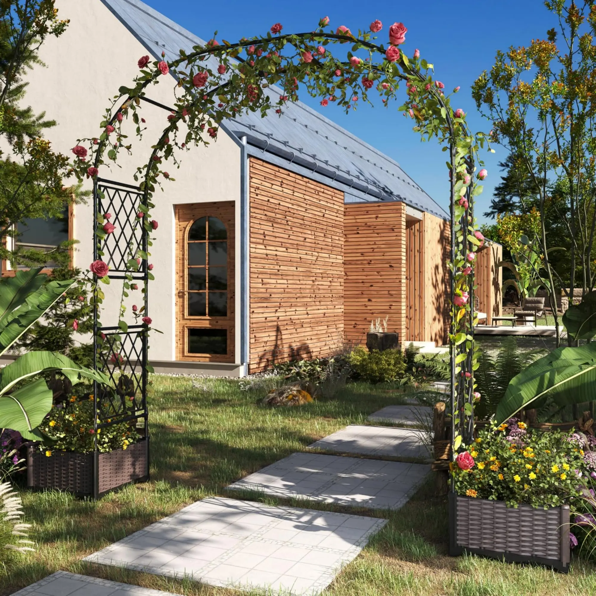 Garvee New Upgraded Garden Arch Trellis Planter Box with Climbing Plant Support Metal Frame Raised Bed with Screen for Vines Flowers Vegetables Outdoor Patio Balcony