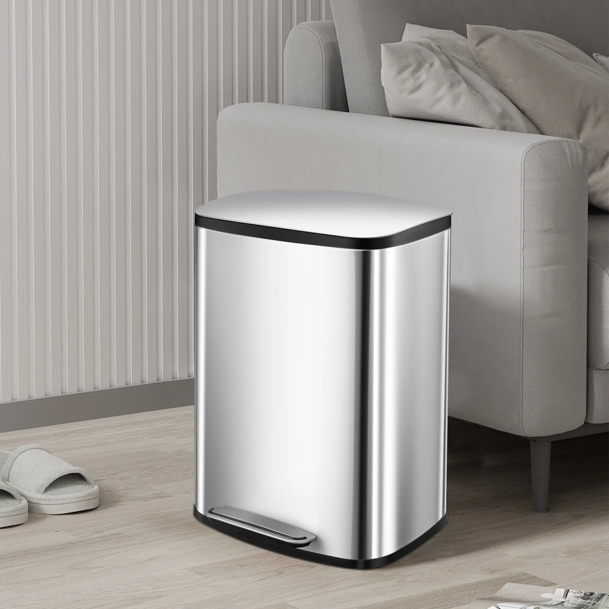 13 Gallon/50L Stainless Steel Trash Can,  with Soft Close Lid & Inner Bucket, Step Trash Can,Fingerprint & Smudge Proof, Hands Free Pedal Kitchen Garbage Bin, Rectangular Waste Bin for Bathroom, Office