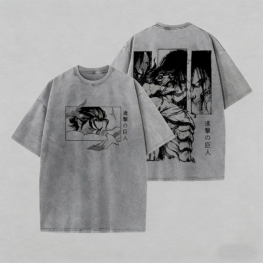 Unisex Vintage Washed Gray Titan Double Print Tshirt Classic Founding Titan Anime Graphic Short Sleeve Shirt Breathable Streetwear Top For Comic Con Weekend Casual Hangout