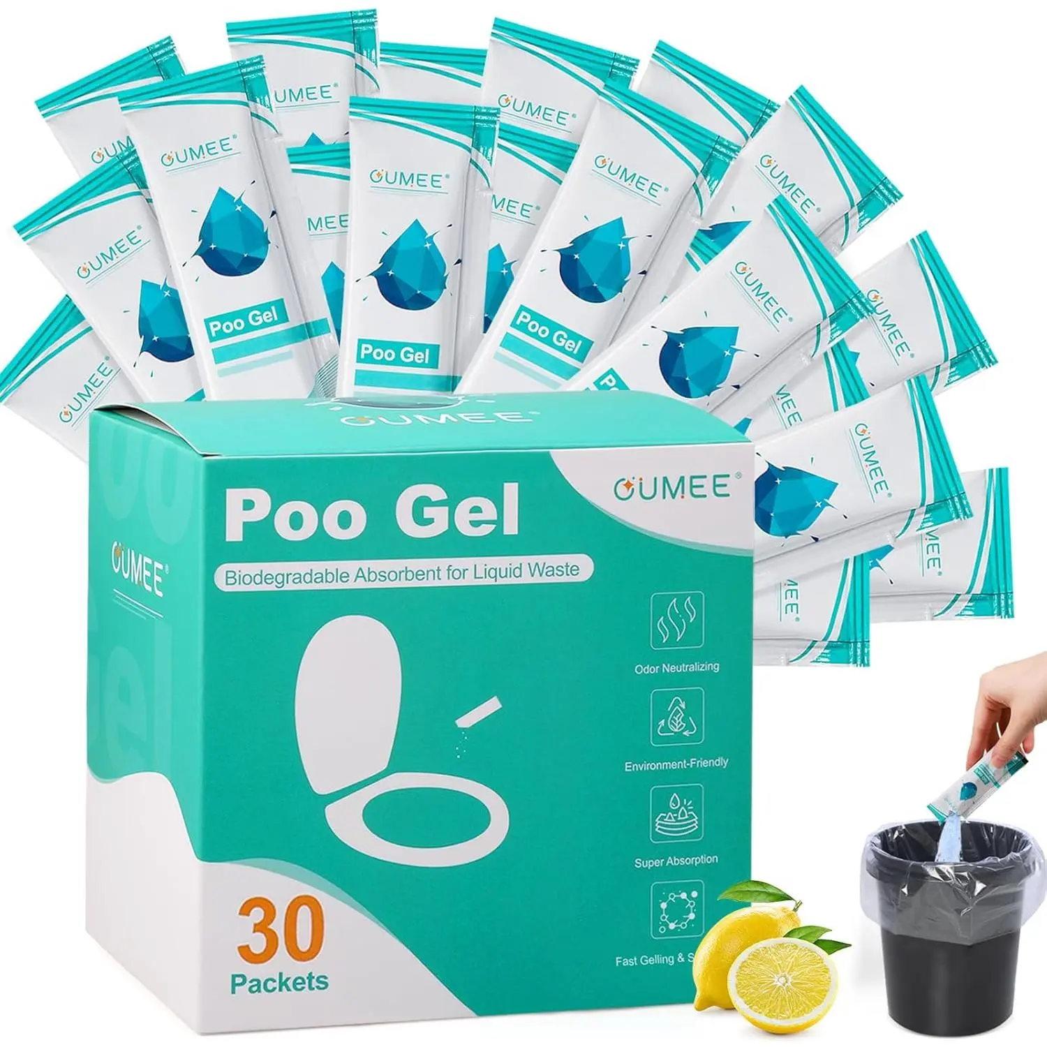 30 Pack Lemon Portable Toilet Gel, Poo Gel for Potty, Camping Toilet Powder for Bucket, Eco Absorbent Gelling, Portable Urine Packets for Outdoor Recreation Supplies