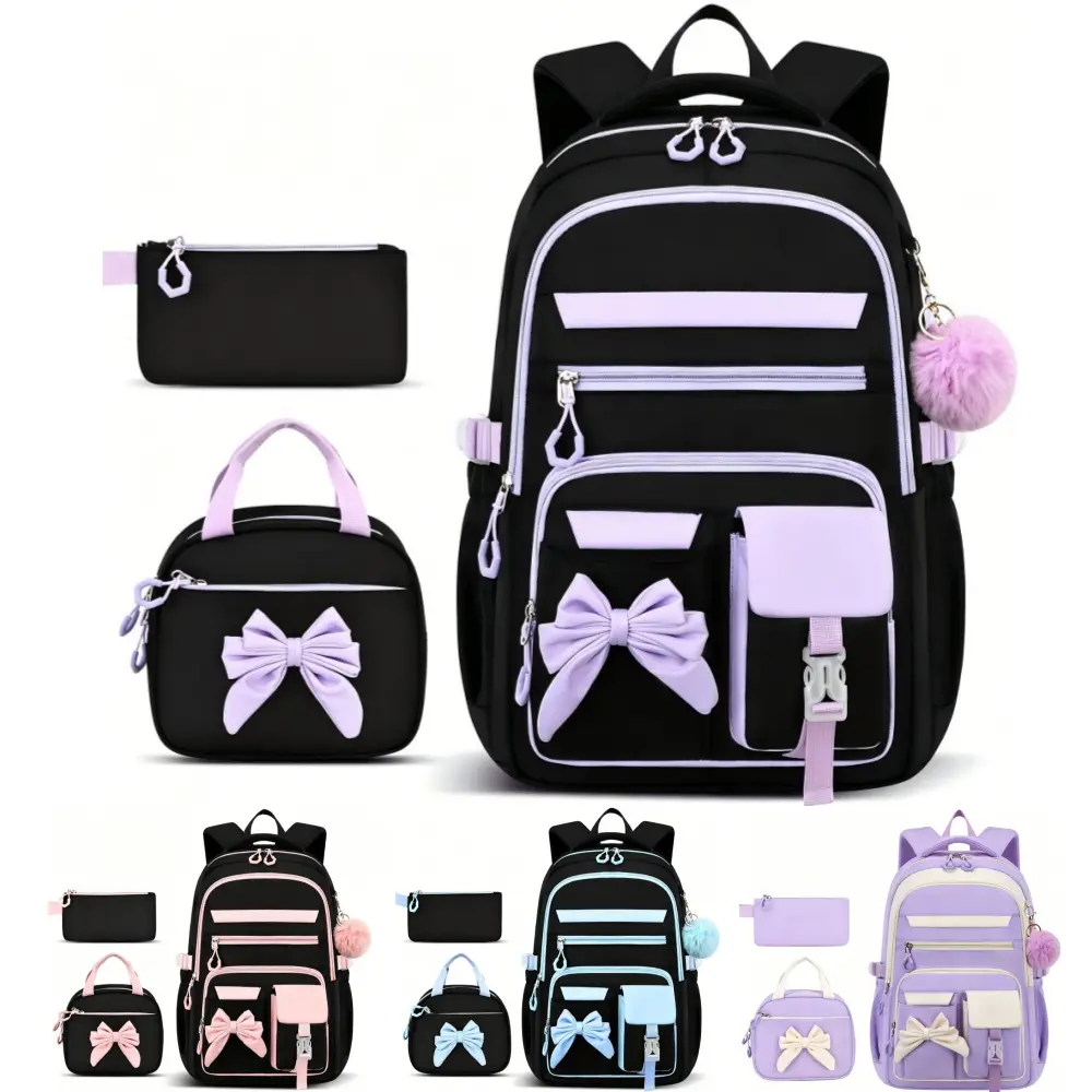 3-Piece Color Block Waterproof Backpack Set – Stylish School Bag for Girls & Teens