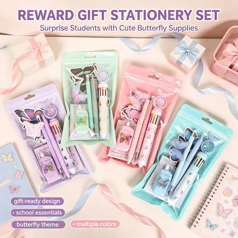 7Pcs Aesthetic Journaling Supplies Set, Butterfly Kawaii Hand Journal Stationery Kit, Multi Color Pen, Gel Pen, Correction Tape, Decorative Stickers, Memo Notes, Pencil, Page Clips for Scrapbook & Diary Making