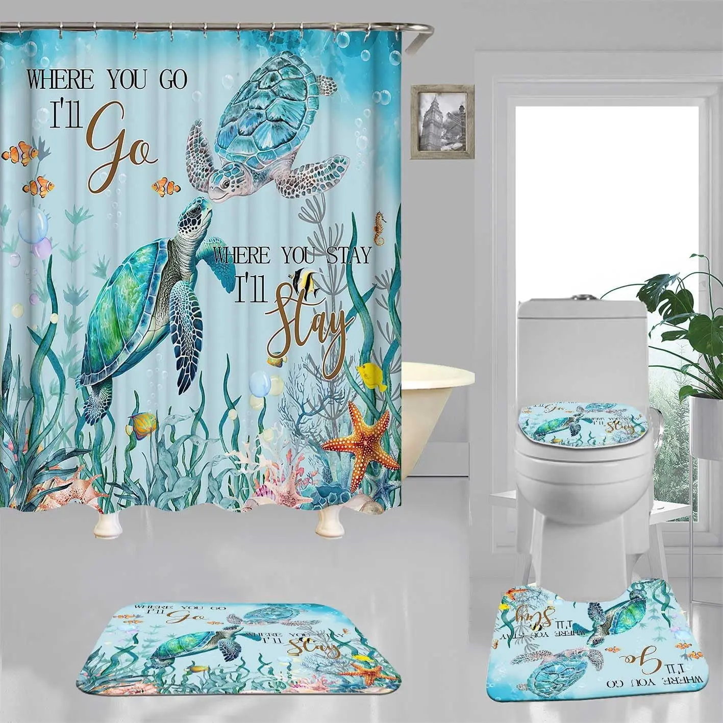 4PCS Retro Polyester Coastal Sea Turtle Shower Curtain Set with Washable Rugs & Velvet Toilet Decor, Waterproof White Bathroom Curtain, Easy-Installation Nautical Beach Decor with Ocean Animals, Teal Coral, Seaweed, Blue Starfish, Seashells, Conchs, Decor