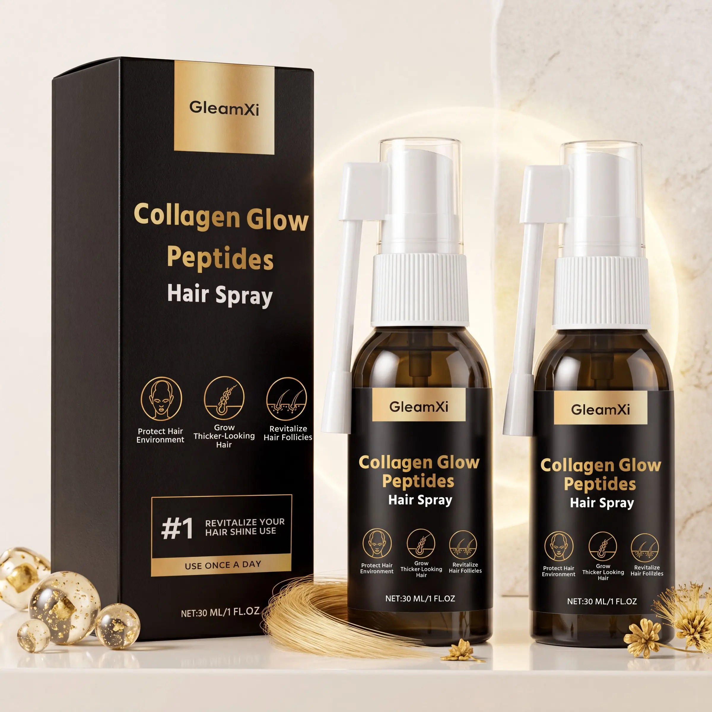 Collagen Glow Peptides Hair Spray Set (30ML*2), Gentle Ingredients, Deep Moisturizing, Softening Hair, Natural Brightening Effect, Daily Carry Hair Spray