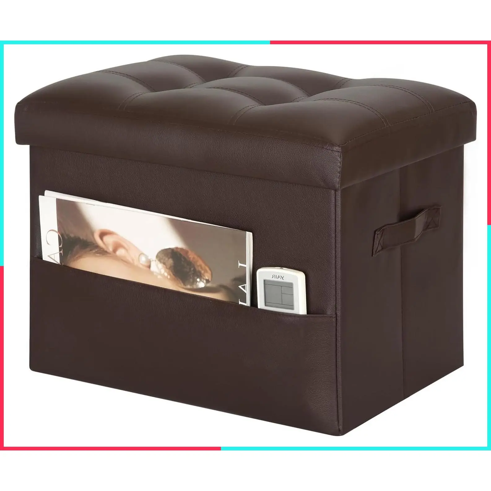 Storage Ottoman with Folding Leather Foot Stool for Dorm, Brown