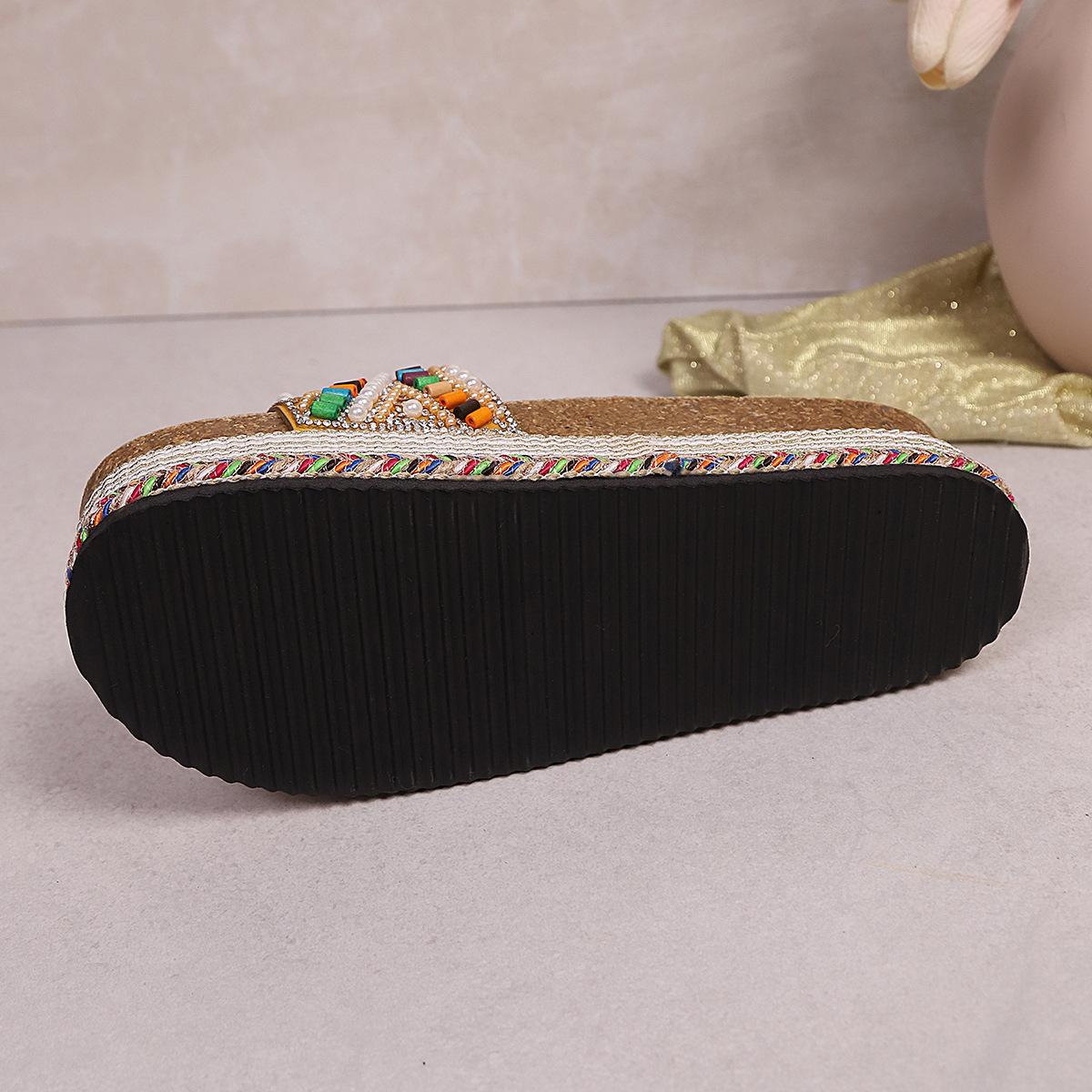 Women's Platform Sandals Summer Beach Slides with Pearl Embellished Cork Wedge Soft Sole Slippers Large Size Comfort Outdoor Shoes Ethnic Style Fashion Footwear for Women