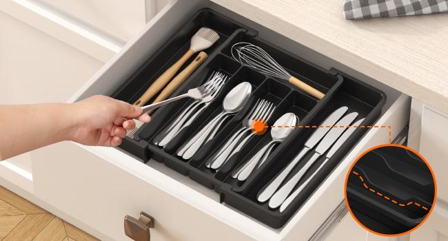 Silverware Drawer Organizer, Expandable Utensil Tray for Kitchen, BPA Free Flatware and Cutlery Holder, Adjustable Plastic Storage for Spoons Forks Knives, 8.5-14 x 12", Black