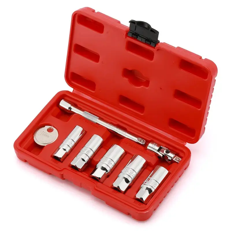 3/8"-Drive 6-Point Steel 8-Piece Spark Plug Socket Wrench Set - Work Tools with Extend Rod, Universal Joint, Gapper, Steel Wear Resistance upgrade