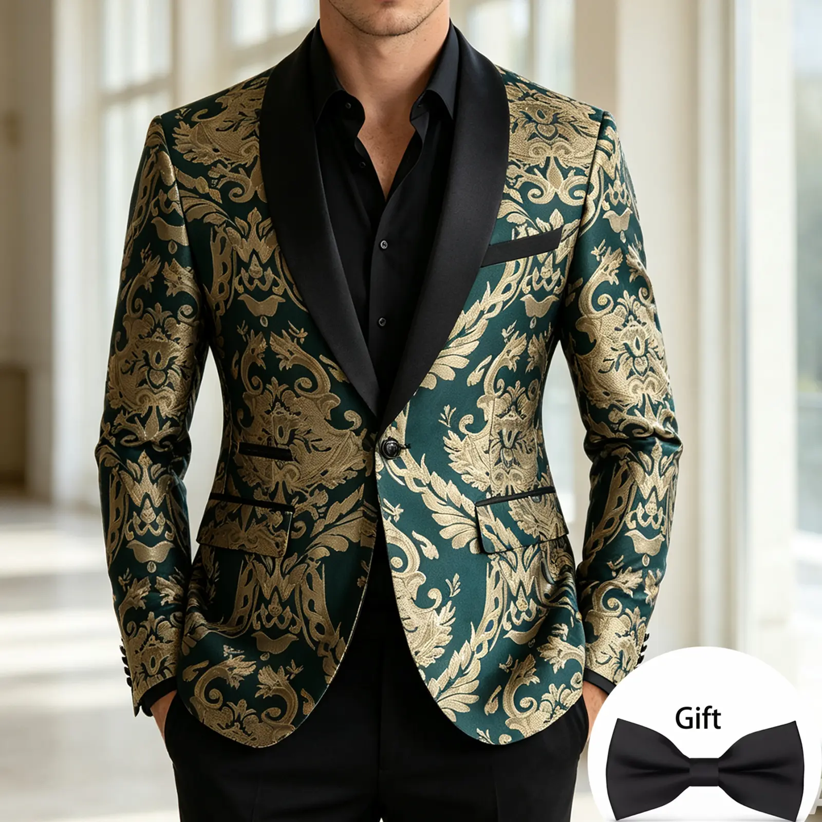 Men's Vintage Baroque Print Tuxedo Set, Slim Fit Shawl Collar Suit Jacket & Trousers, Sharp Look for Prom & Special Occasions